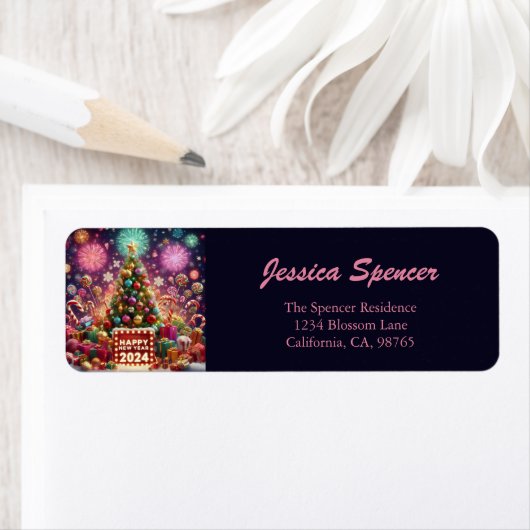 ハッピーニューイヤー2024クリスマスツリー差出人住所 ラベル (インサイチュ)