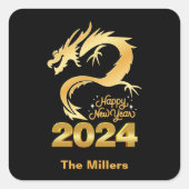 ハッピーニューイヤー2024ゴールデン中国のドラゴンブラック スクエアシール (正面)