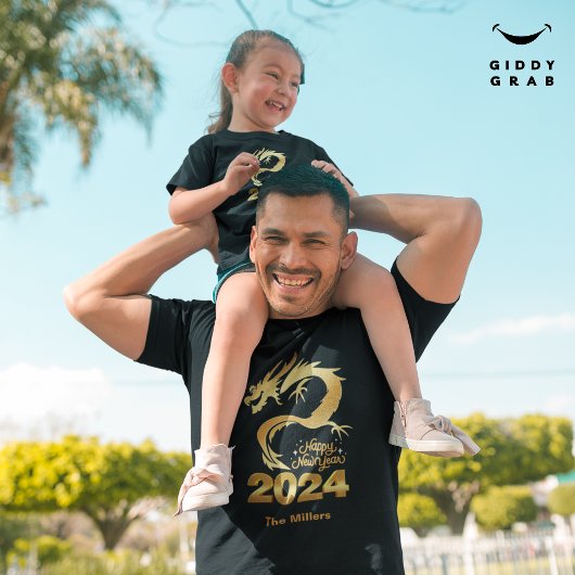 ハッピーニューイヤー2024ゴールデン中国のドラゴンブラック Tシャツ