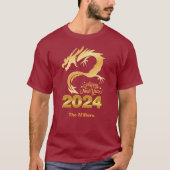 ハッピーニューイヤー2024ゴールデン中国のドラゴンレッド Tシャツ (正面)