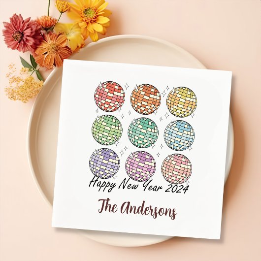 ハッピーニューイヤー2024ディスコボール新年 スタンダードカクテルナプキン