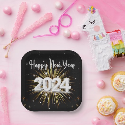 ハッピーニューイヤー2024デザートスクエア紙プレート ペーパープレート (パーティー)