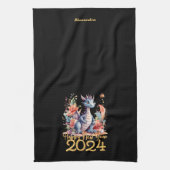 ハッピーニューイヤー2024中国のドラゴンウォーター色 キッチンタオル (縦)