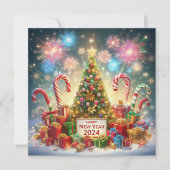 ハッピーニューイヤー2024花火クリスマスツリー赤 シーズンカード (正面)