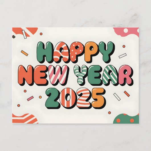 ハッピーニューイヤー2025カラフルお祝い シーズンポストカード (正面)