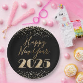 ハッピーニューイヤー2025ブラック&金ゴールドグリッターダイヤモンド ペーパープレート (パーティー)