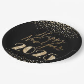 ハッピーニューイヤー2025ブラック&金ゴールドグリッターダイヤモンド ペーパープレート (アングル)