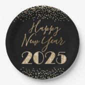 ハッピーニューイヤー2025ブラック&金ゴールドグリッターダイヤモンド ペーパープレート (正面)