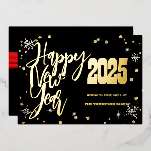 ハッピーニューイヤー2025レトロレッドリボン 箔シーズンカード (正面/裏面)