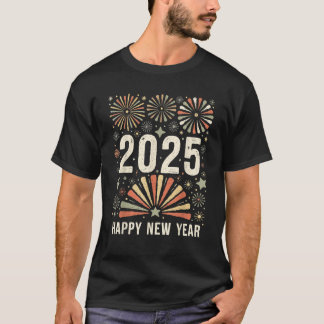 ハッピーニューイヤー2025花火レトロ男性へ女性 Tシャツ