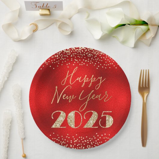 ハッピーニューイヤー2025赤と金ゴールドグリッターダイヤモンド ペーパープレート (ウェディング)