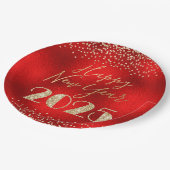 ハッピーニューイヤー2025赤と金ゴールドグリッターダイヤモンド ペーパープレート (アングル)