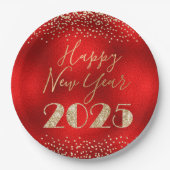 ハッピーニューイヤー2025赤と金ゴールドグリッターダイヤモンド ペーパープレート (正面)