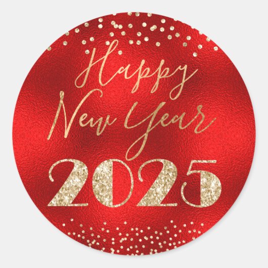 ハッピーニューイヤー2025赤と金ゴールドグリッターダイヤモンド ラウンドシール (正面)