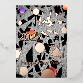 ハッピーニューイヤー2025 – 星とオーナメントが曇った 箔招待状 (正面)