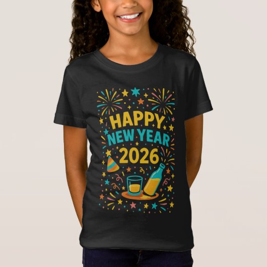 ハッピーニューイヤー2026おもしろいカラフル花火 Tシャツ (正面)