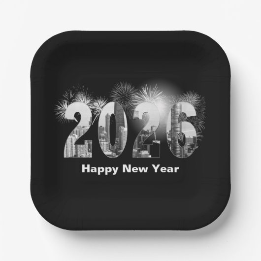 ハッピーニューイヤー2026シカゴスカイライン ペーパープレート (正面)