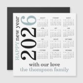 ハッピーニューイヤー2026ティール（緑がかった色）ホワイトカレンダー (正面/裏面)