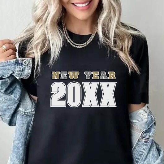 ハッピーニューイヤー2026ブラックシルバー&金ゴールドグリッター Tシャツ