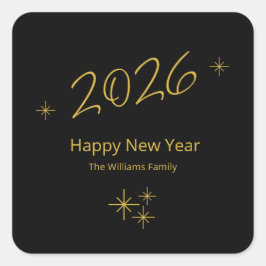 ハッピーニューイヤー2026金ゴールドブラックグレームスノーフレーク スクエアシール