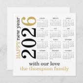 ハッピーニューイヤー2026金ゴールドホワイトカレンダー シーズンカード (正面/裏面)