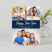 ハッピーニューイヤー3枚の写真 ダークブルー ゴールド 箔シーズンカード (立ち正面)