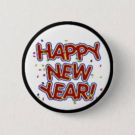 ハッピーニューイヤー – おもしろい赤文字と紙吹雪 缶バッジ
