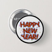 ハッピーニューイヤー – おもしろい赤文字と紙吹雪 缶バッジ (正面&裏面)