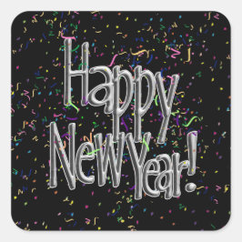 ハッピーニューイヤー – シルバー文字付/ブラック紙吹雪 ラウンドシール