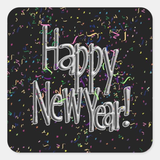 ハッピーニューイヤー – シルバー文字付/ブラック紙吹雪 ラウンドシール (正面)