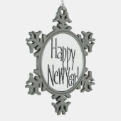 ハッピーニューイヤー – シルバー文字 スノーフレークピューターオーナメント (左)