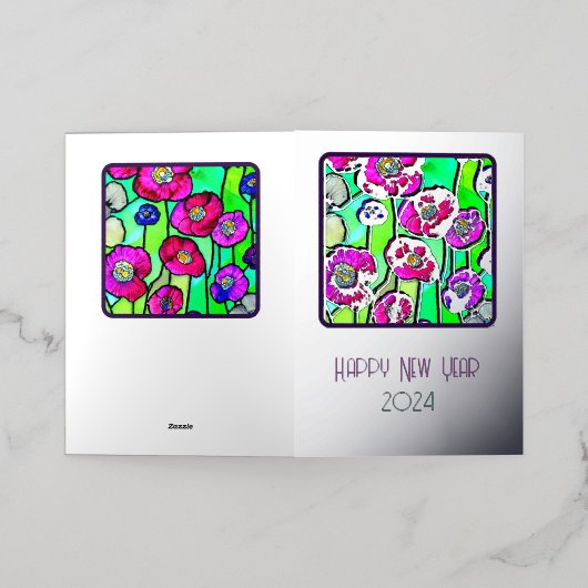 ハッピーニューイヤー – ステイングラスアネモネス – 2024 箔グリーティングカード (外側レイダウン)