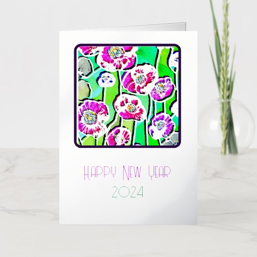 ハッピーニューイヤー – ステイングラスアネモネス – 2024 箔グリーティングカード (正面)