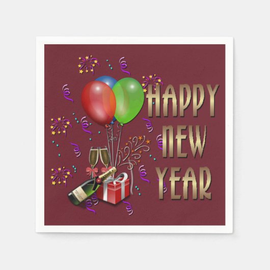 ハッピーニューイヤー・バルーンとシャンパンナプキン スタンダードカクテルナプキン (正面)