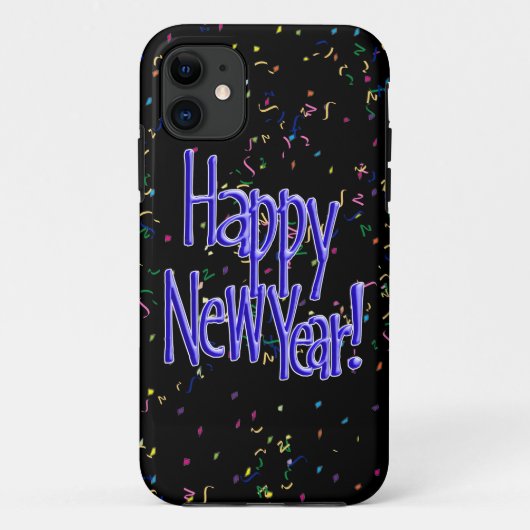 ハッピーニューイヤー – ブルー文字オンブラック紙吹雪 Case-Mate iPhoneケース (裏面)