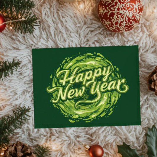 ハッピーニューイヤー 緑の渦巻き フラット カード