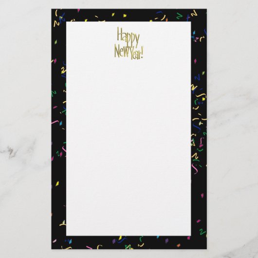 ハッピーニューイヤー – 金ゴールド文字オンブラック紙吹雪 便箋 (正面)