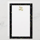 ハッピーニューイヤー – 金ゴールド文字オンブラック紙吹雪 便箋 (正面/裏面)