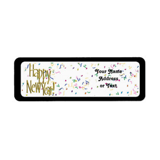 ハッピーニューイヤー – 金ゴールド文字オンホワイト紙吹雪 ラベル