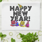 ハッピーニューイヤー – 黒い文字とパーティー帽子 キッチンタオル (折り畳み)