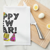 ハッピーニューイヤー – 黒い文字とパーティー帽子 キッチンタオル (四つ折り)