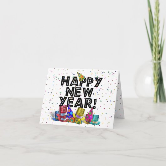 ハッピーニューイヤー – 黒い文字とパーティー帽子 招待状 (正面)