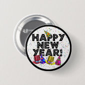 ハッピーニューイヤー – 黒い文字とパーティー帽子 缶バッジ (正面&裏面)