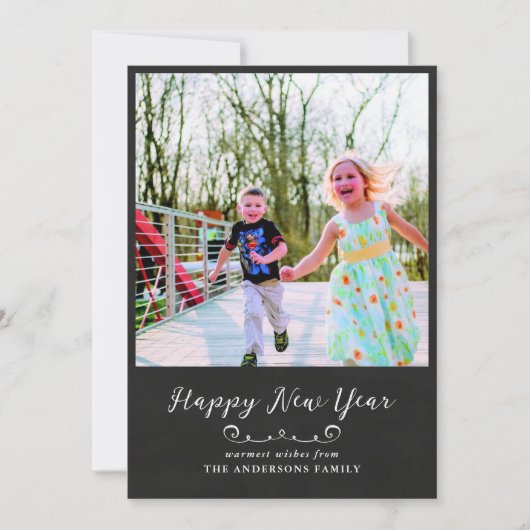 ハッピーニューイヤーChalkboardヴィンテージスクリプト |写真 シーズンカード (正面)