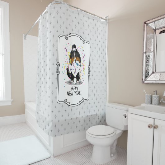 ハッピーニューイヤーShetland Sheepdog （トリカラー）かわいい シャワーカーテン (インサイチュ)