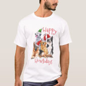 ハッピーハウデイに帽子をかぶったクリスマス犬 Tシャツ (正面)