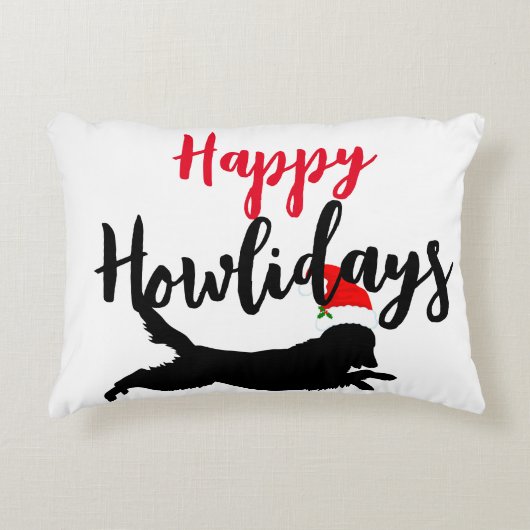 ハッピーハウリデイズおもしろい犬ホワイトブラックレッドクリスマス アクセントクッション (正面)