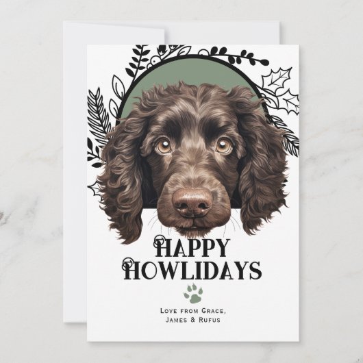 ハッピーハウリデイズアメリカンウォータースパニエル犬クリスマス シーズンカード (正面)