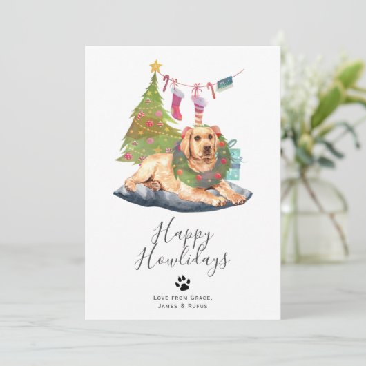 ハッピーハウリデイズイエローラブラドールドッグクリスマス シーズンカード (スタンド正面)