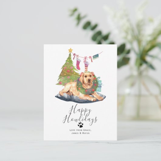 ハッピーハウリデイズイエローラブラドールドッグクリスマス シーズンポストカード (スタンド正面)